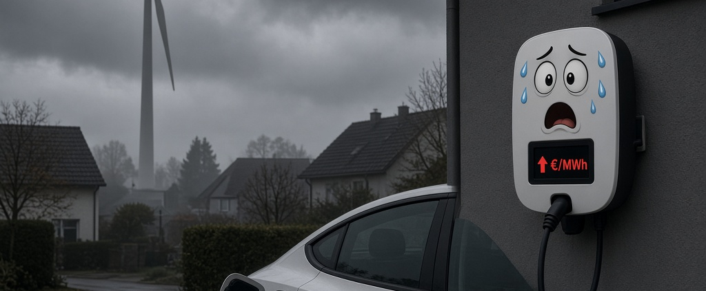 Wallbox mit erschrockenem Gesicht an einem dunklen, windstillen Oktoberabend – „Wer hätte ahnen können, dass es im Oktober dunkel wird?“
